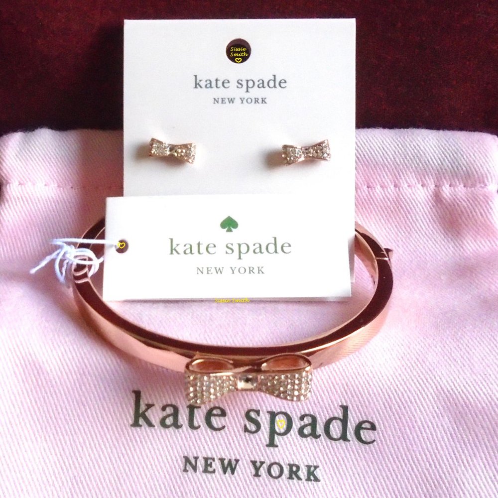 ♠️ Kate Spade ♠️️ " Ready Set Bow" Pave Bangle & Studs - Picture 1 of 13
